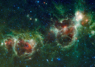 The Heart and Soul nebulae are seen in this infrared mosaic from NASA’s Wide-field Infrared Survey Explorer, or WISE.
