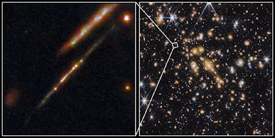 At right, an image of the galaxy cluster SPT-CL J0615-5746. At left, the zoom shows two background galaxies, much farther away than the galaxies in the cluster, whose images have been distorted and amplified by the gravitational lensing effect of the cluster itself. The Cosmic Gems Arc galaxy is the long elongated strip in the center, within which a series of bright dots can be recognized: these are star clusters, progenitors of today's globular clusters
