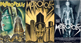 Collage of three Metropolis posters: a stylised woman and skyline, an Art Deco robotic face among towers, and the silver Maria robot with the Metropolis logo.