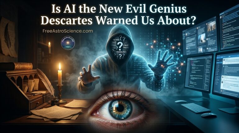 Hooded figure representing Descartes evil genius between a candlelit 17th-century desk and glowing AI screens with a human eye reflecting both worlds — FreeAstroScience