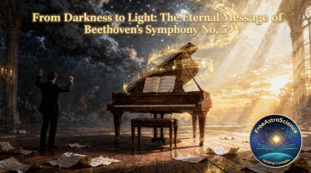 Grand piano in a cathedral with a conductor silhouette facing a storm on the left and golden light breaking through on the right, symbolizing Beethoven Symphony No 5 philosophy
