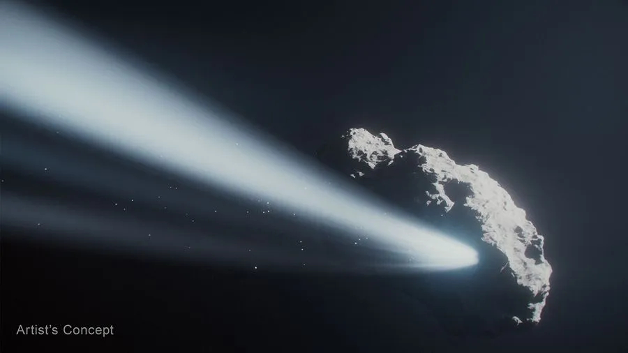 Artist's concept of comet 41P/Tuttle-Giacobini-Kresák ejecting outgassing jets in deep space, illustrating the spin reversal mechanism observed by NASA's Hubble Space Telescope.