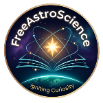 FreeAstroScience logo with a glowing star, open book, and Earth on a space-themed circular badge with the tagline Igniting Curiosity for free astronomy science education