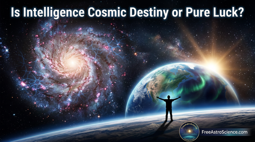 A human silhouette on Earth gazes at a spiral galaxy with neural network overlays — visualizing cosmic intelligence, convergent evolution, and the Fermi Paradox.