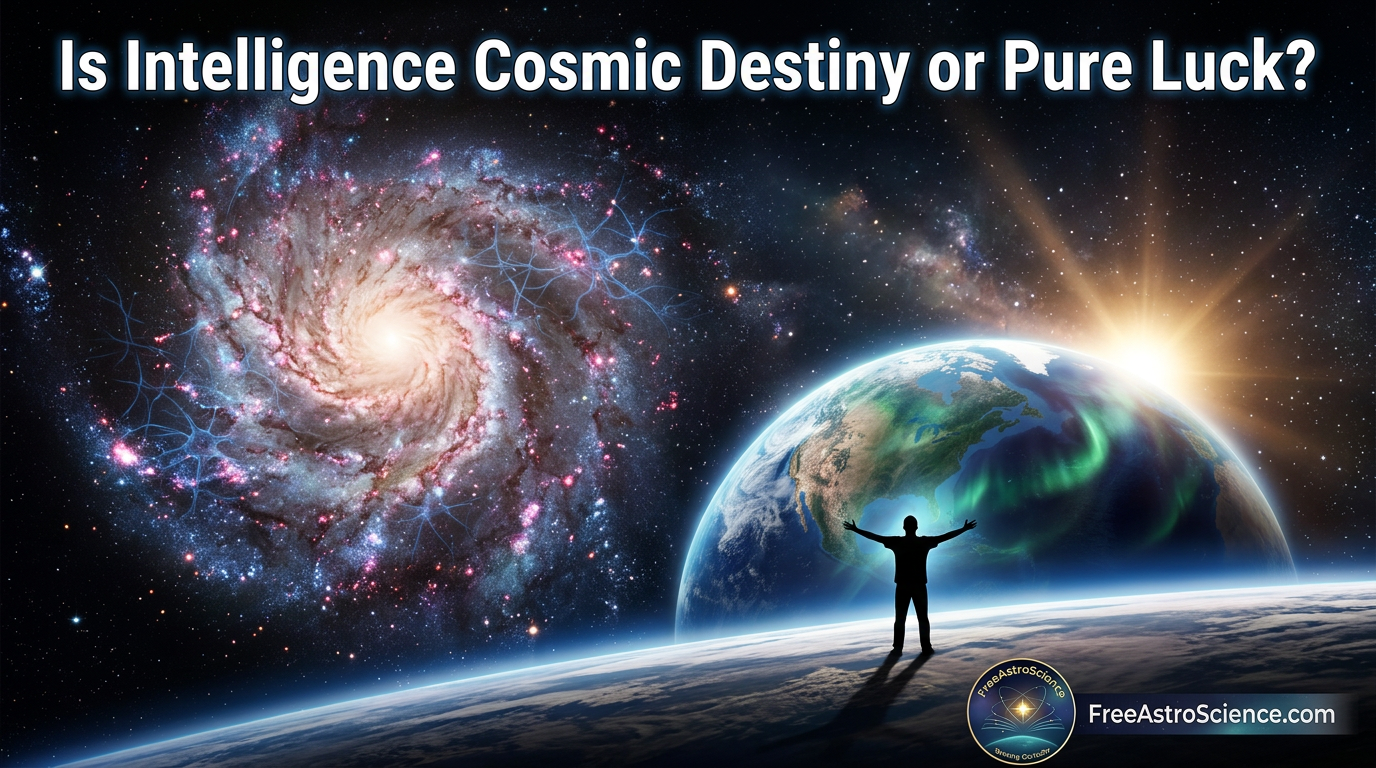 A human silhouette on Earth gazes at a spiral galaxy with neural network overlays — visualizing cosmic intelligence, convergent evolution, and the Fermi Paradox.