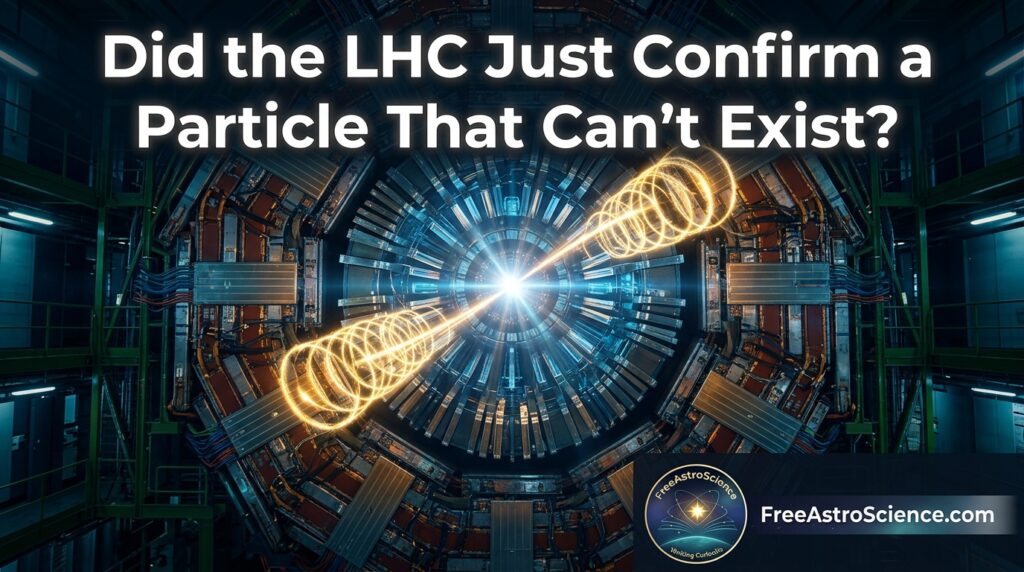 CMS detector at CERN showing two top quarks spiraling into a collision, visualizing the confirmation of toponium — the most massive quasi-bound state ever observed, LHC 2026.