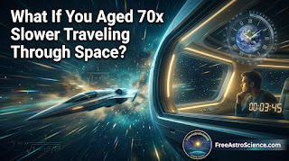 Person inside spacecraft watching relativistic stars blur near light speed, with Lorentz factor formula and time dilation clock — FreeAstroScience.com