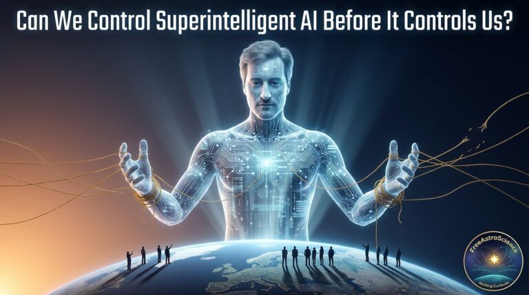 Translucent AI humanoid with fraying golden restraints towers over Earth as humans watch — visualizing Bostrom's singleton and the superintelligent AI control dilemma