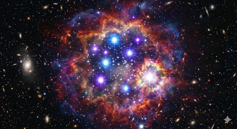 Massive Population III primordial stars glowing in blue and white inside a colorful hydrogen and helium nebula in the early universe, surrounded by forming galaxies after the Big Bang