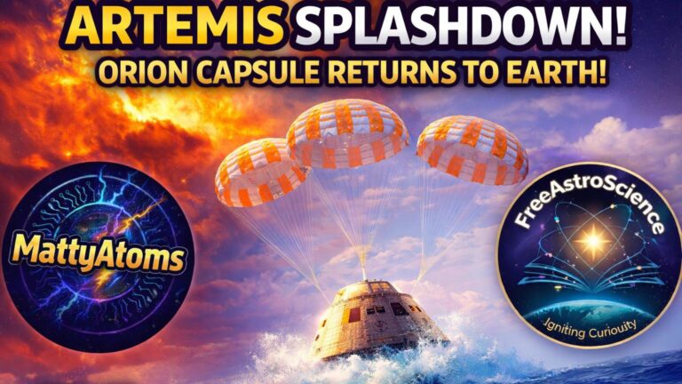 Orion capsule splashing into the ocean under 3 parachutes. Promo graphic for the Artemis II return livestream featuring MattyAtoms and FreeAstroScience. (