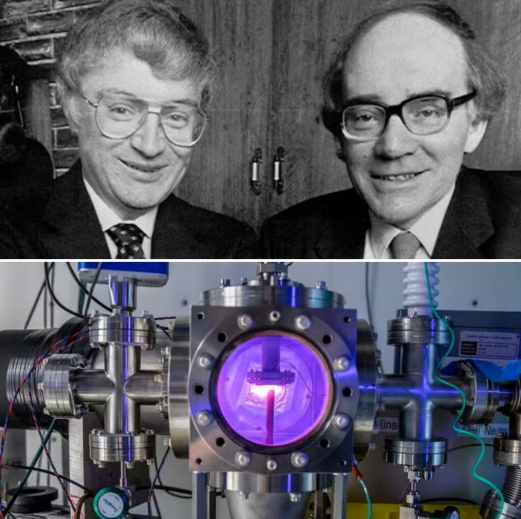 Martin Fleischmann and Stanley Pons, the chemists who claimed cold fusion in 1989, shown above a glowing plasma fusion experiment in a laboratory vacuum chamber
