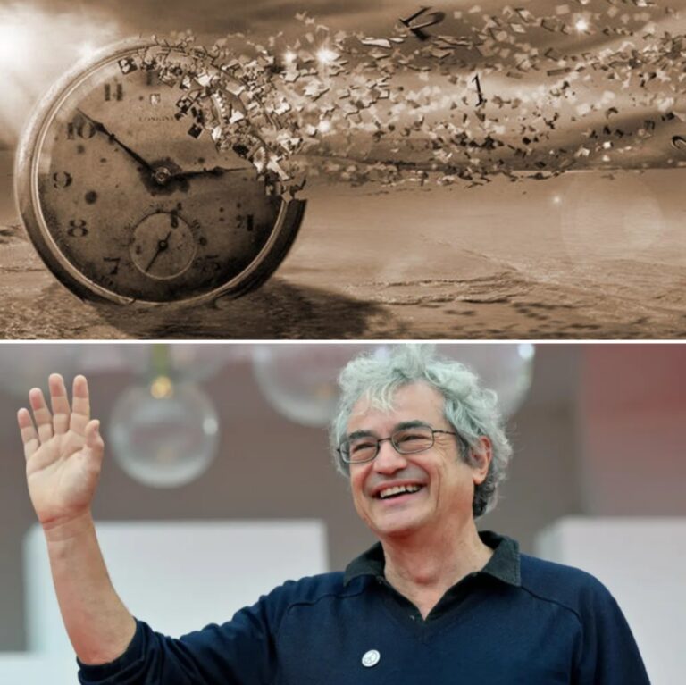 Carlo Rovelli smiling and waving beside a surreal disintegrating clock symbolizing that time does not exist in fundamental physics