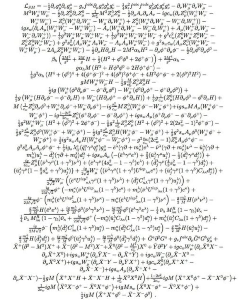 Full expanded Standard Model Lagrangian density equation showing gauge, fermion, Higgs, Yukawa, and ghost terms describing all known particle physics interactions
