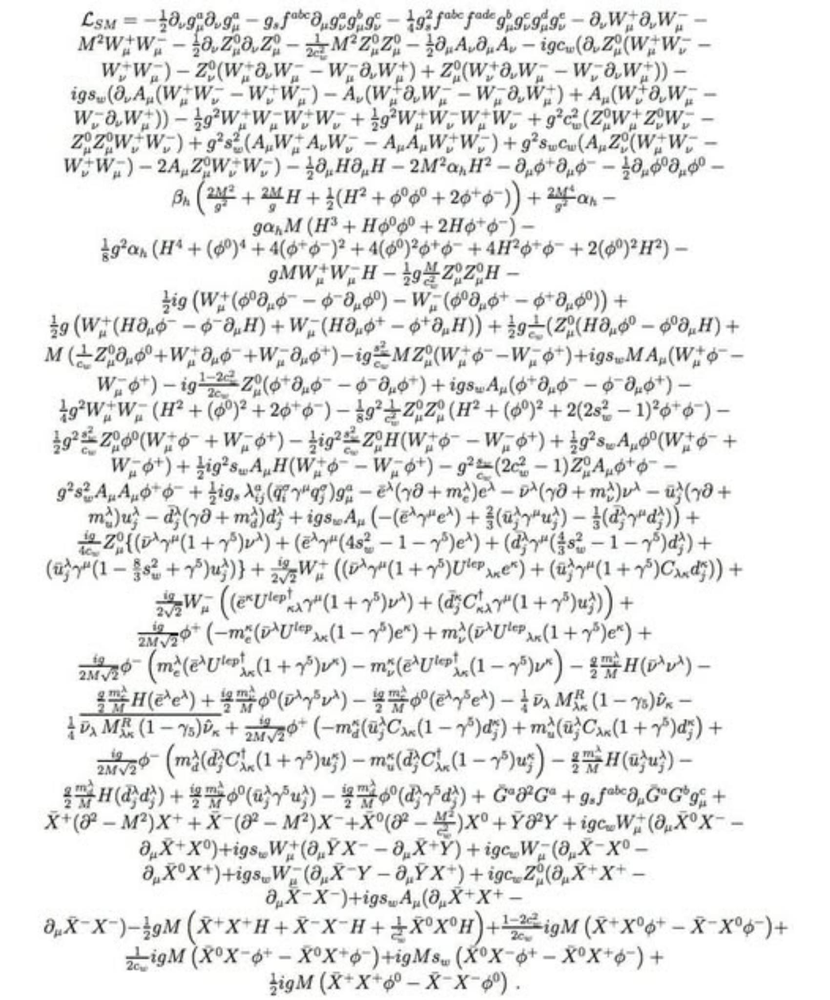 Full expanded Standard Model Lagrangian density equation showing gauge, fermion, Higgs, Yukawa, and ghost terms describing all known particle physics interactions