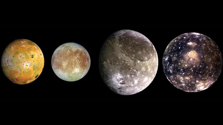 Jupiter's four largest moons are known as the Galilean moons. This composite image shows from left to right, Io, Europa, Ganymede, and Callisto.