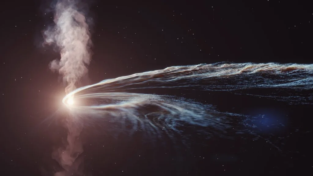 Artist’s depiction of a supermassive black hole tearing apart a star, with roughly half of the stellar debris flung back into space while the remainder forms a glowing accretion disk around the black hole. (Credit: DESY, Science Communication Lab)

