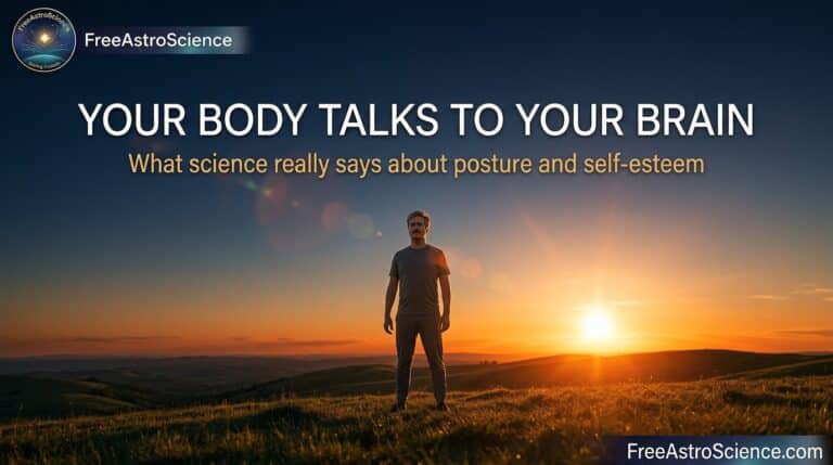 Man standing tall with open chest on a hilltop at sunset, illustrating how upright posture boosts self-esteem according to science. FreeAstroScience blog cover image.