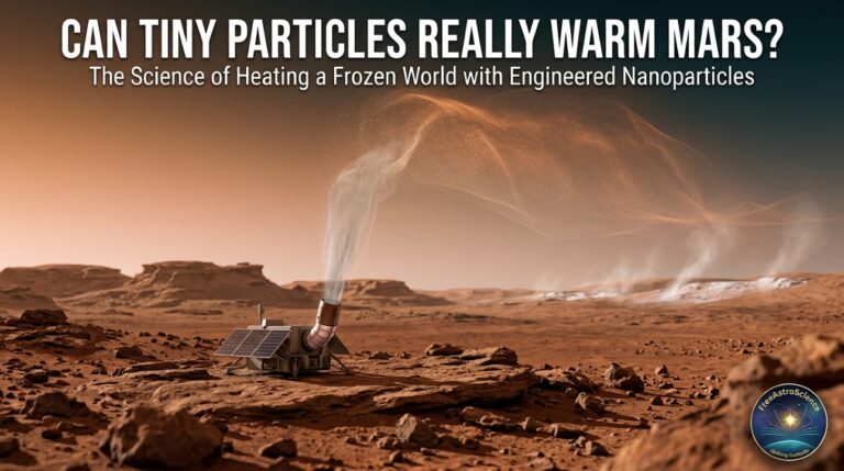 Industrial station releasing IR-active nanoparticles into Mars atmosphere at Arcadia Planitia, showing particle plume dispersing across the Martian sky to warm the planet