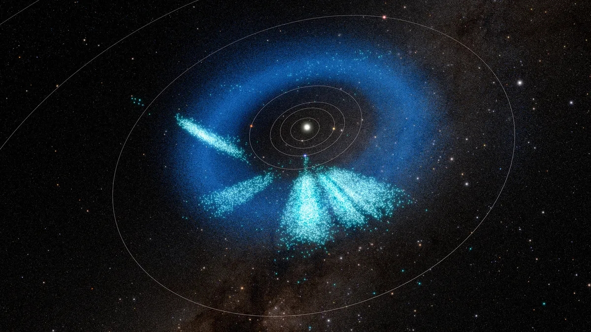 3D render showing the orbital positions of over 11,000 newly discovered asteroids by the Vera C. Rubin Observatory, with most located in the main asteroid belt between Mars and Jupiter, and 33 near-Earth objects highlighted closer to Earth's orbit.