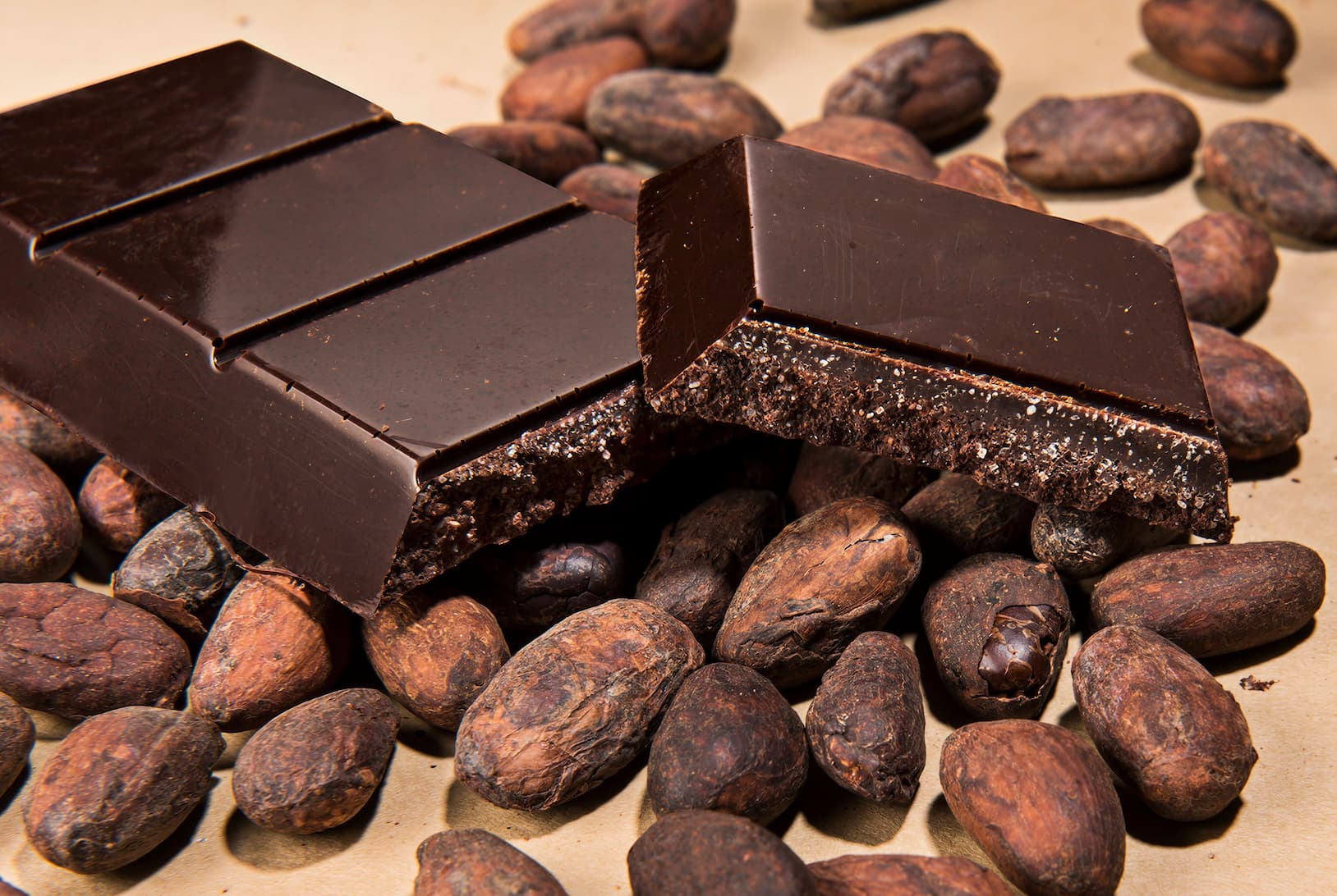 Dark chocolate bar with cocoa beans