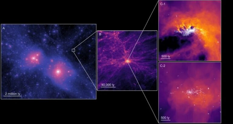 These screenshots are from simulations aimed at understanding ultra-faint dwarf galaxies in the early Universe. (A) Dark matter distribution in our neighborhood in the Universe, the so called Local Group of galaxies. The two large dark matter halos correspond to those of the Milky Way and Andromeda galaxy; (B) zoom-in on the dark matter in and around a small halo ~700 million years after the Big Bang; (C) stars and gas in the centre of the small dark matter halo in one of our simulations.