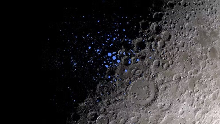 Some dark craters on the Moon, indicated here in blue, never get light. Scientists think some of these permanently shadowed regions could contain ice. Credit: NASA's Goddard Space Flight Center