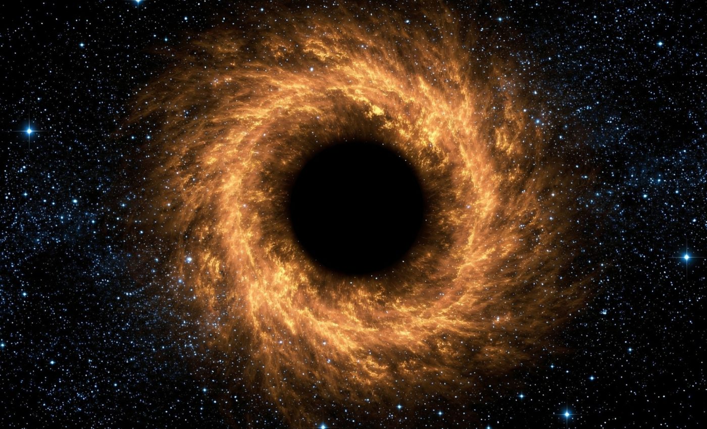 Artistic illustration of a black hole with a glowing orange accretion disk, representing dark radiation masquerading as neutrinos in the early universe.