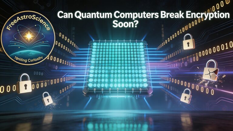 Glowing quantum computer processor with neutral atom qubit lattice shattering digital padlocks and binary code, illustrating the threat of quantum computing to encryption security