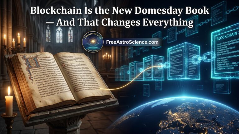 Medieval Domesday Book on a stone lectern connected by a golden light thread to glowing blue blockchain data blocks floating above Earth, visualizing the evolution from ancient record-keeping to decentralized digital ledger technology.