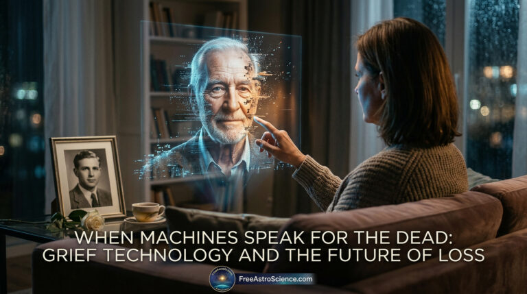 Woman reaches toward a fragmenting AI holographic avatar of a deceased man in a dim room, with a framed photo and wilting rose nearby — grief technology concept