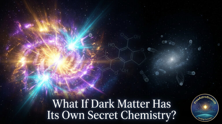 Split space scene of a glowing galactic center and a dim dwarf galaxy with a chemical diagram. Text: "What If Dark Matter Has Its Own Secret Chemistry?