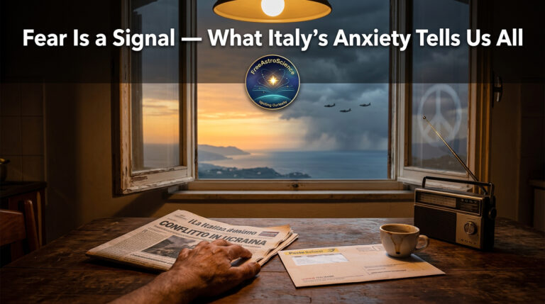 Italian kitchen at dusk: war newspaper, espresso, unpaid bill on worn table; window reveals sunset clashing with storm clouds and military jets over the Mediterranean coast