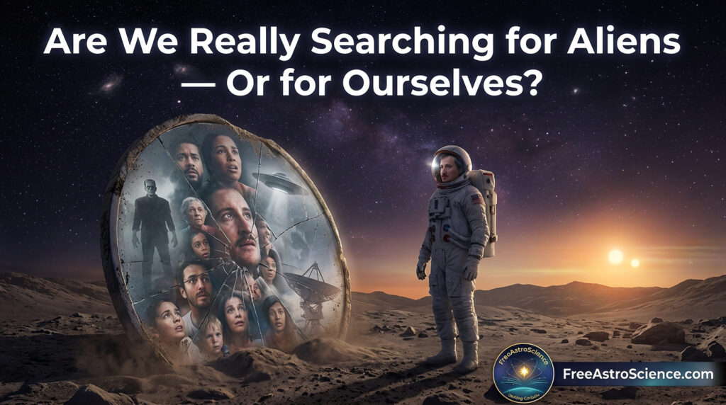 Astronaut on an alien planet gazes at a fractured mirror showing human faces and sci-fi icons, symbolizing the search for aliens as self-discovery
