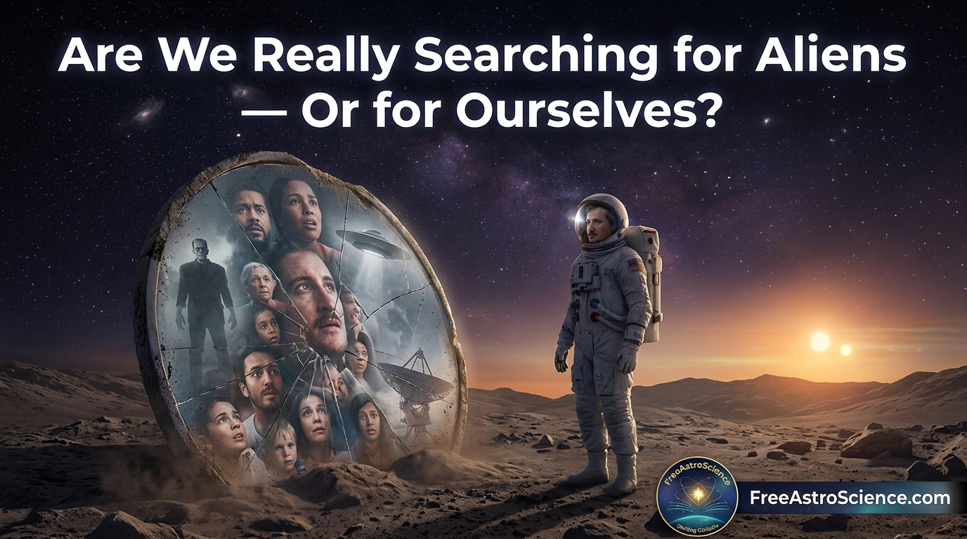 Astronaut on an alien planet gazes at a fractured mirror showing human faces and sci-fi icons, symbolizing the search for aliens as self-discovery