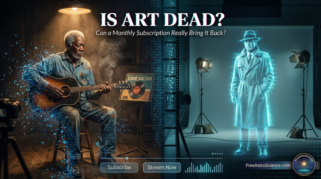 Split image of an AI-generated elderly bluesman dissolving into blue digital particles beside a holographic deceased actor on a film set, with binary code.