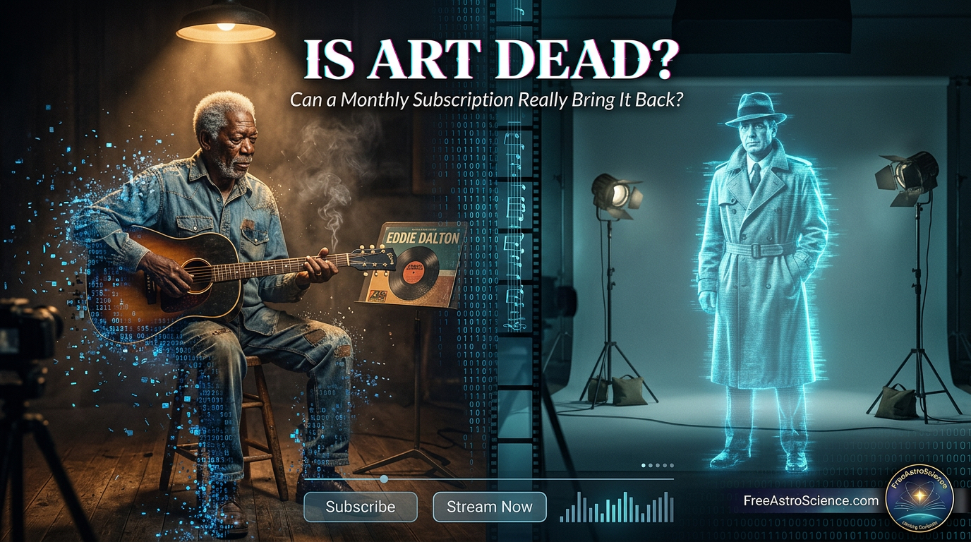 Split image of an AI-generated elderly bluesman dissolving into blue digital particles beside a holographic deceased actor on a film set, with binary code.