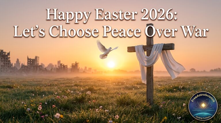 Wooden cross draped in white cloth with a white dove flying toward a golden Easter sunrise over a wildflower field, war-torn city fading in the background — Happy Easter 2026 peace message by FreeAstroScience