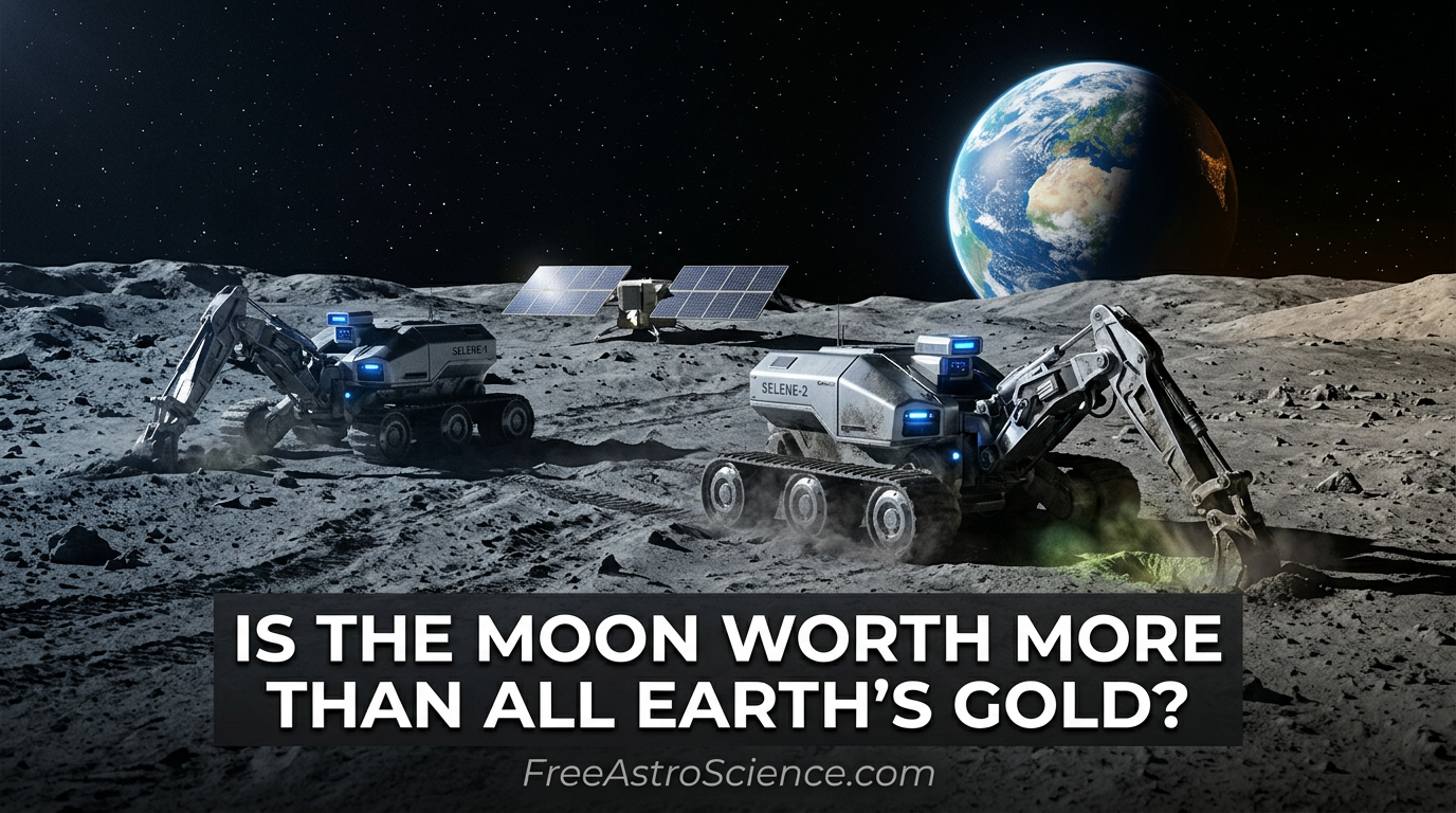 Two autonomous helium-3 mining robots on the Moon's surface with Earth rising in background and a solar power station — lunar space economy 2026.