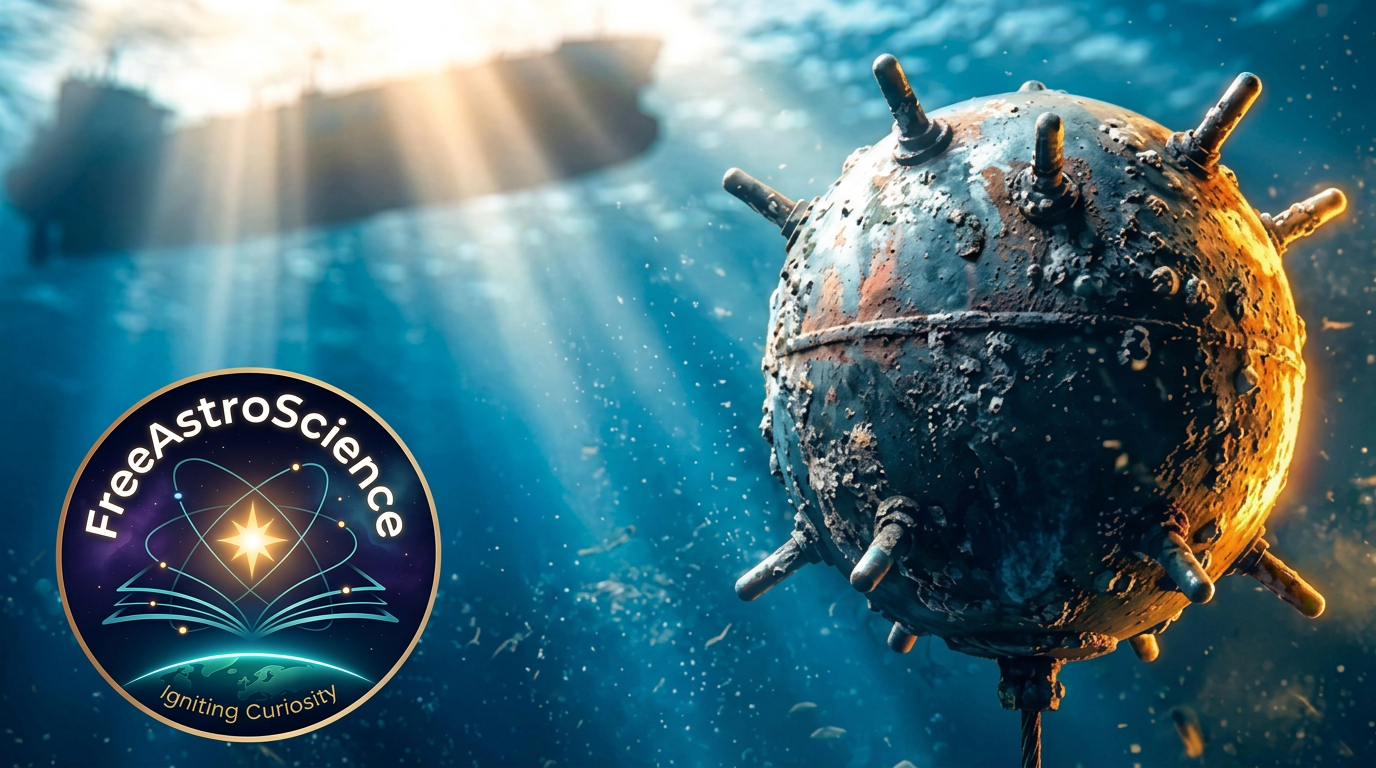 Rusted spherical contact sea mine with horns anchored underwater near oil tanker silhouette in the Strait of Hormuz, illustrating Iran's naval blockade.
