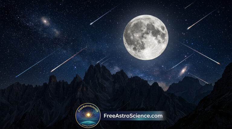 A full moon and a starry night sky with many shooting stars over a dark mountain landscape