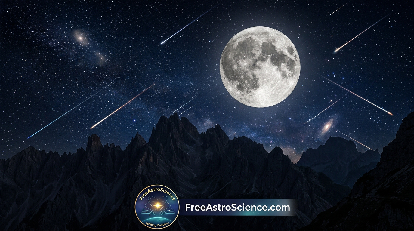 A full moon and a starry night sky with many shooting stars over a dark mountain landscape