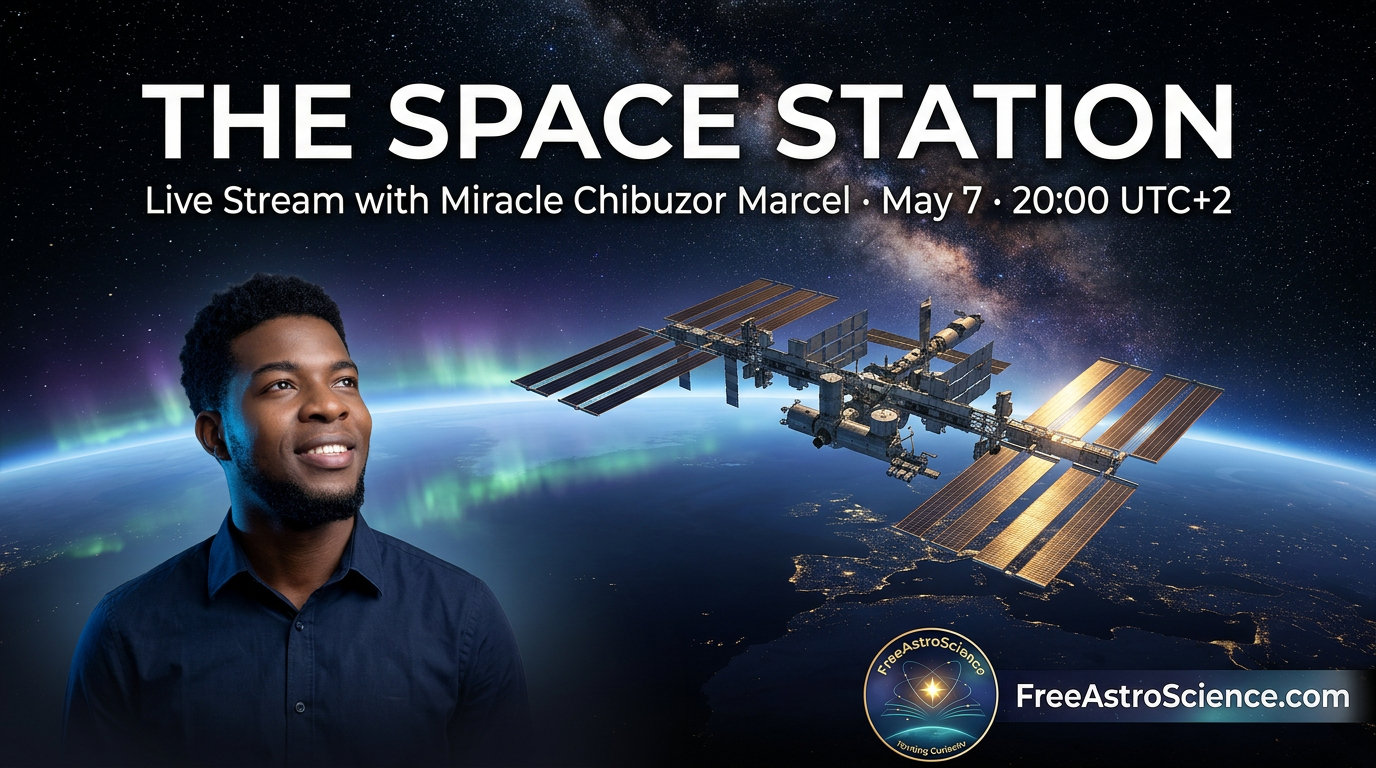 Miracle Chibuzor Marcel smiles beside the International Space Station orbiting Earth, promoting the FreeAstroScience live stream on May 7 at 20:00 UTC+2.