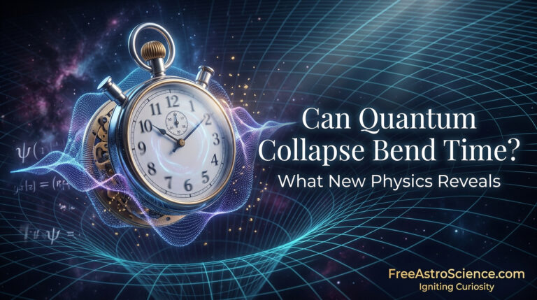 Antique pocket watch dissolving into glowing quantum wavefunctions over a curved cyan spacetime grid, illustrating how quantum collapse may bend time in new physics.