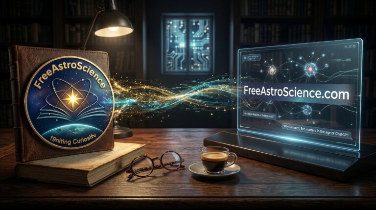 Vintage book with FreeAstroScience logo beside a holographic AI screen showing neural networks, symbolizing Umberto Eco's apocalyptic versus integrated debate.