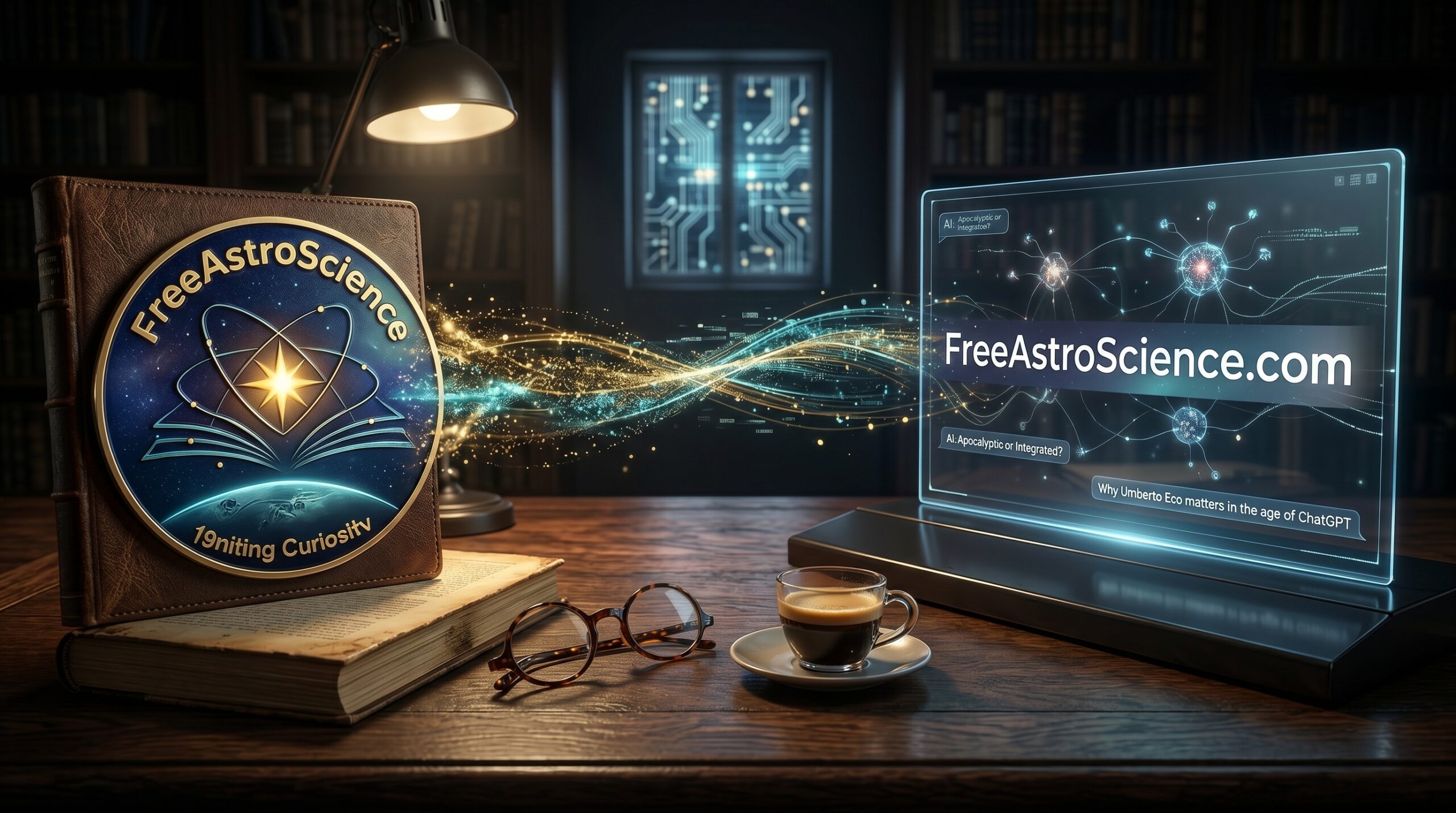 Vintage book with FreeAstroScience logo beside a holographic AI screen showing neural networks, symbolizing Umberto Eco's apocalyptic versus integrated debate.