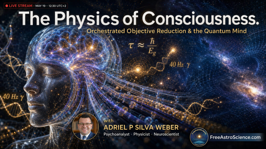Live stream cover for The Physics of Consciousness seminar with Adriel P Silva Weber on Orch-OR, quantum mind, microtubules and 40 Hz gamma waves. May 19, 12:30 UTC+2.
