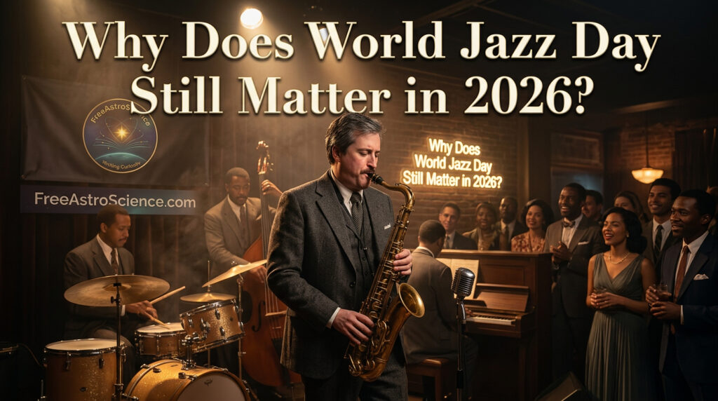 Vintage jazz club scene celebrating World Jazz Day 2026 in Chicago with saxophonist, double bass, drums and audience — FreeAstroScience cover honoring 15 years of UNESCO Jazz Day.