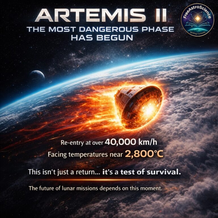 Artemis II Orion capsule surrounded by fiery plasma during atmospheric re-entry at over 40,000 km/h and 2,800°C with Earth's curved horizon and clouds in the background