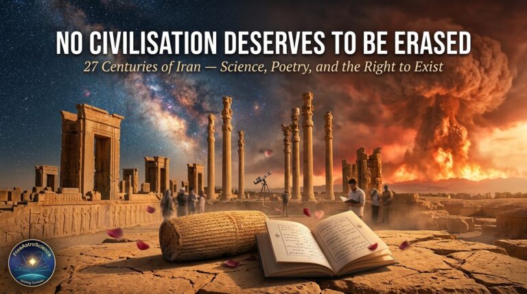 Persepolis ruins under starry sky with Cyrus Cylinder and Persian poetry book, contrasting explosion — Iran's 27 centuries of science, poetry and civilization.