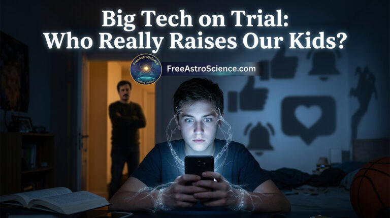 Teenager hypnotized by smartphone glow in dark bedroom while parent watches from doorway — social media youth addiction concept by FreeAstroScience